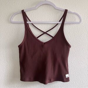 Vuori Rib Crop Tank Brown chocolate cross back criss cross camisole size small S